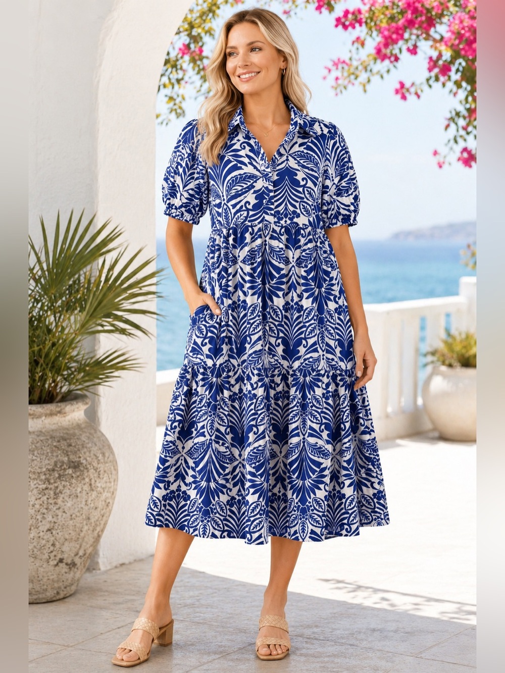 🌊✨ Boutique Anna Grace Blue & White Midi Dress  sz Large ✨🌊